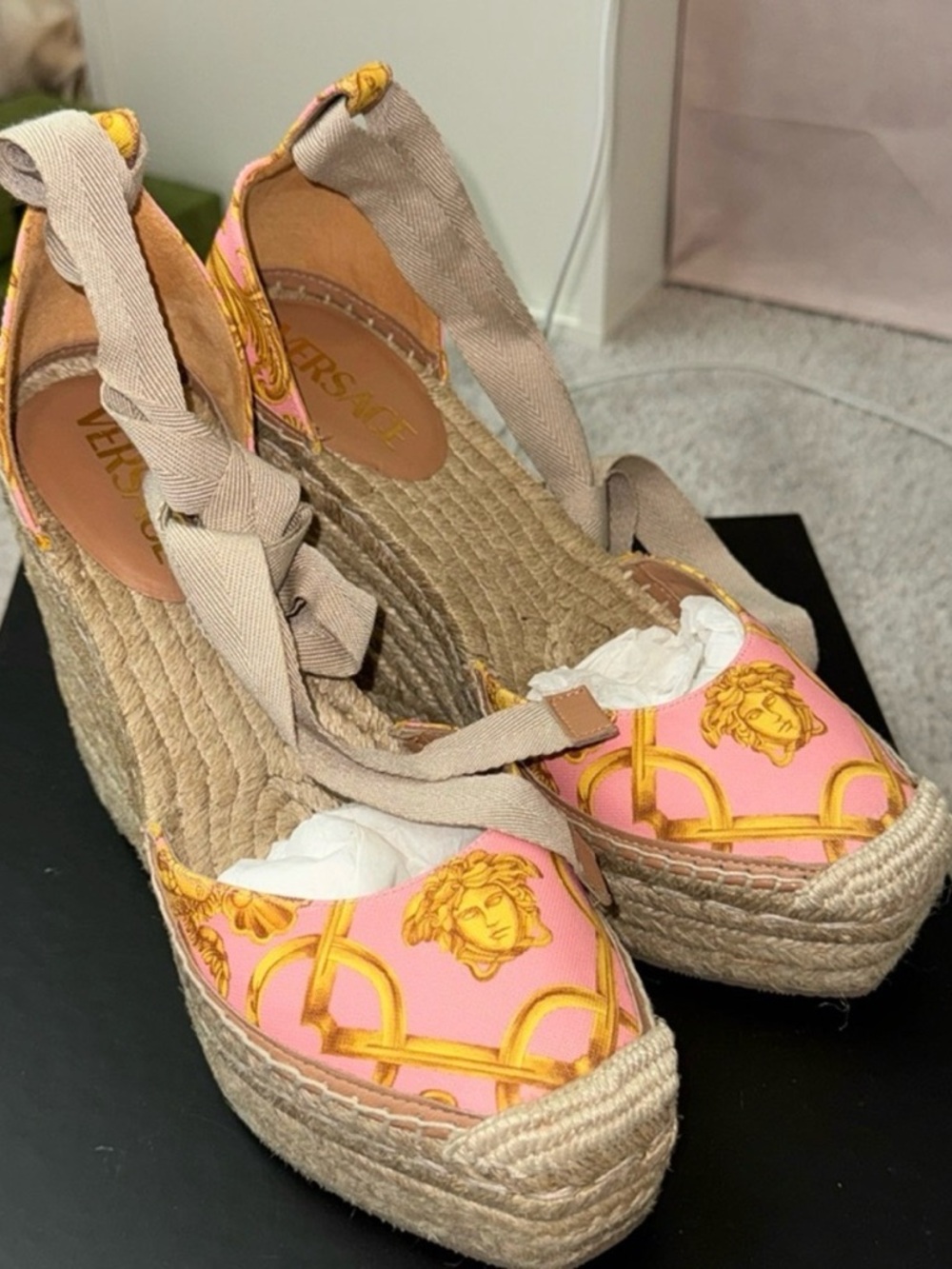 Versace Pink & Gold Medusa Espadrille Wedge with Ankle Tie